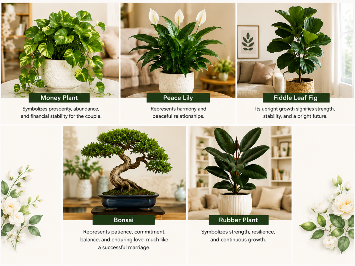 Best wedding gift plants: Money Plant, Peace Lily, Fiddle Leaf Fig, Bonsai, Rubber Plant