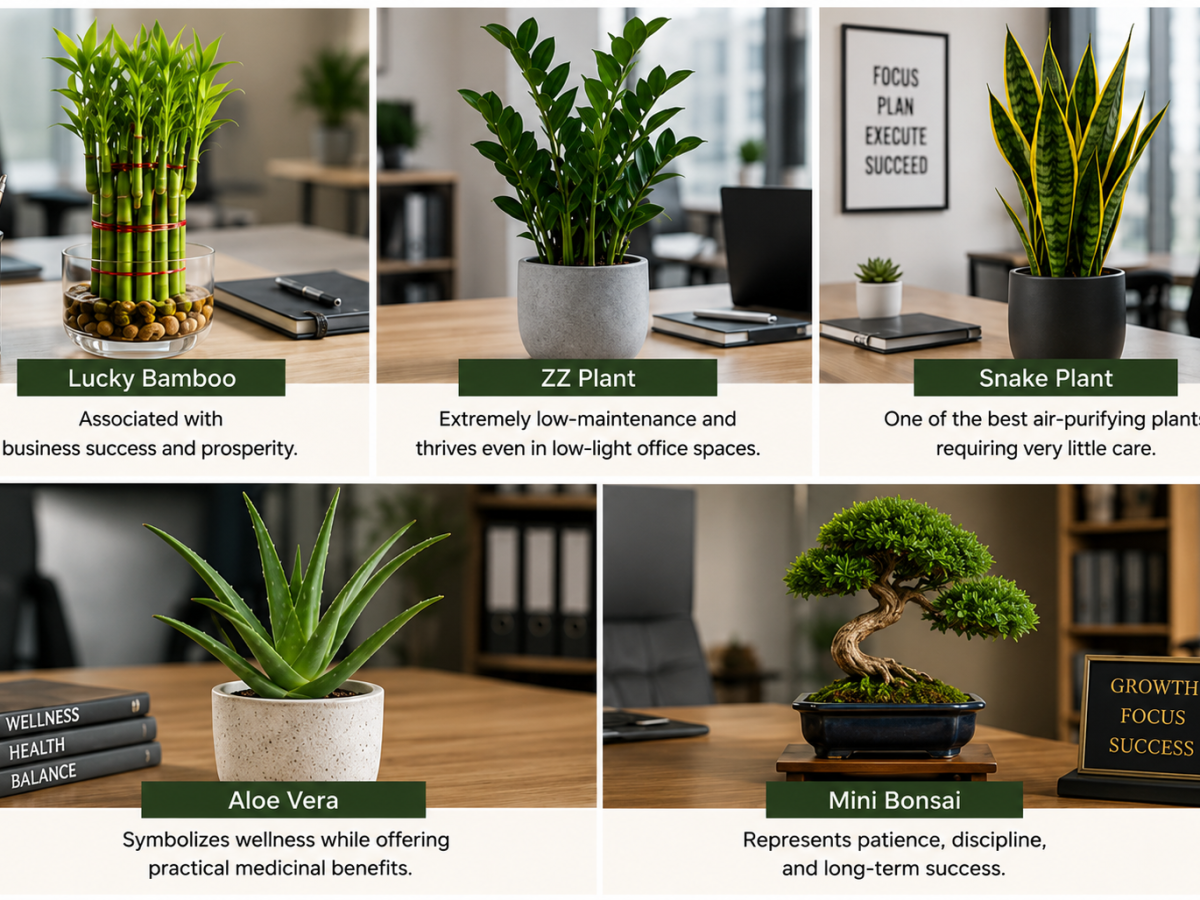 Best corporate office gift plants: Lucky Bamboo, ZZ Plant, Snake Plant, Aloe Vera, Mini Bonsai