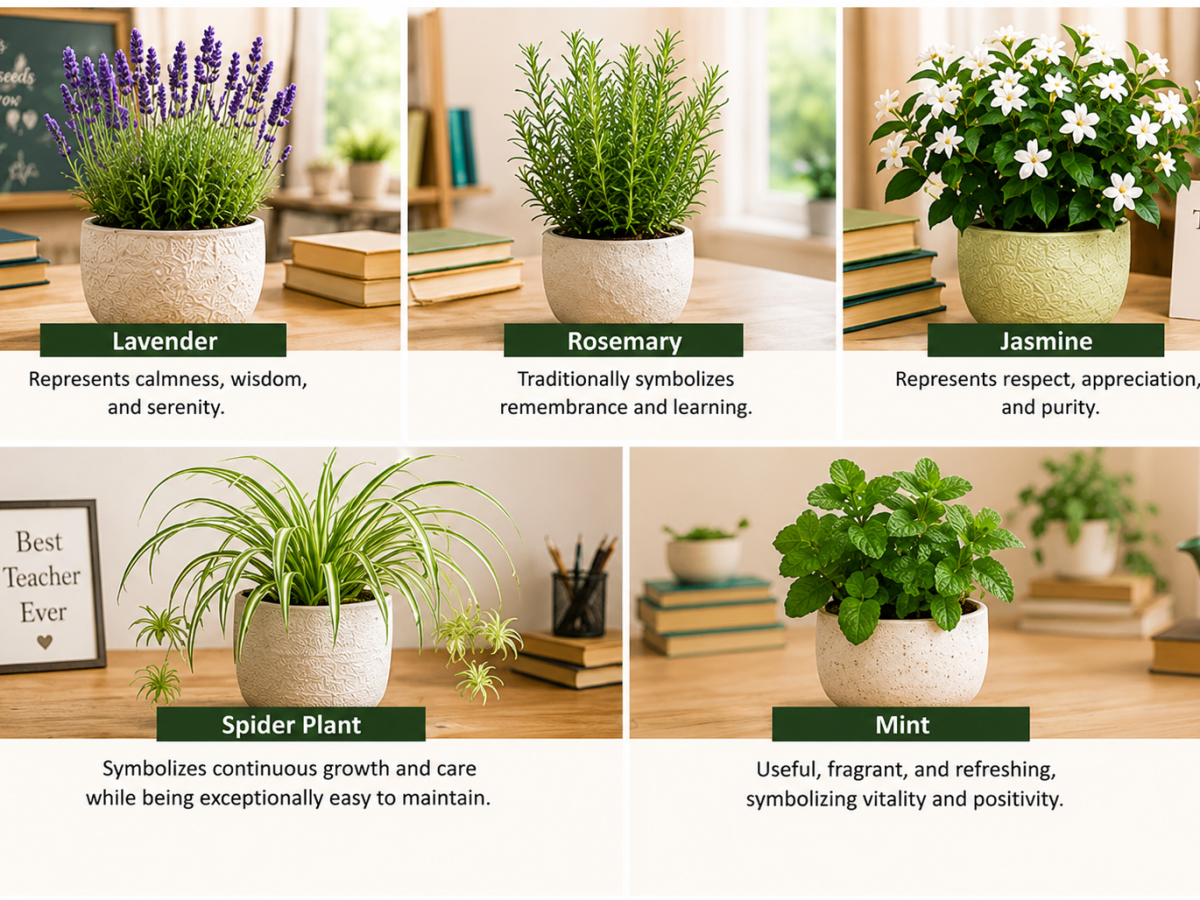 Best teacher appreciation gift plants: Lavender, Rosemary, Jasmine, Spider Plant, Mint