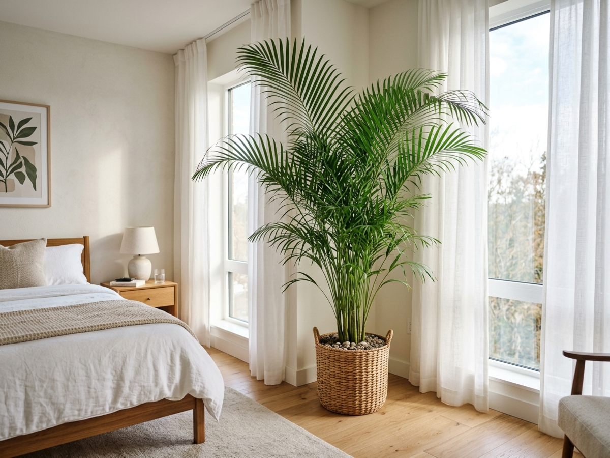 Large Areca Palm tropical fronds in spacious bedroom in Bengaluru - Happy Greenery