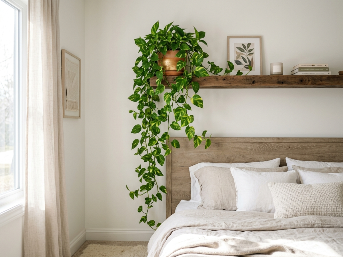 Golden Pothos money plant trailing in modern bedroom Bengaluru - Happy Greenery