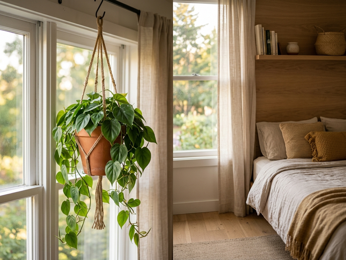 Heartleaf Philodendron hanging in modern bedroom by Happy Greenery