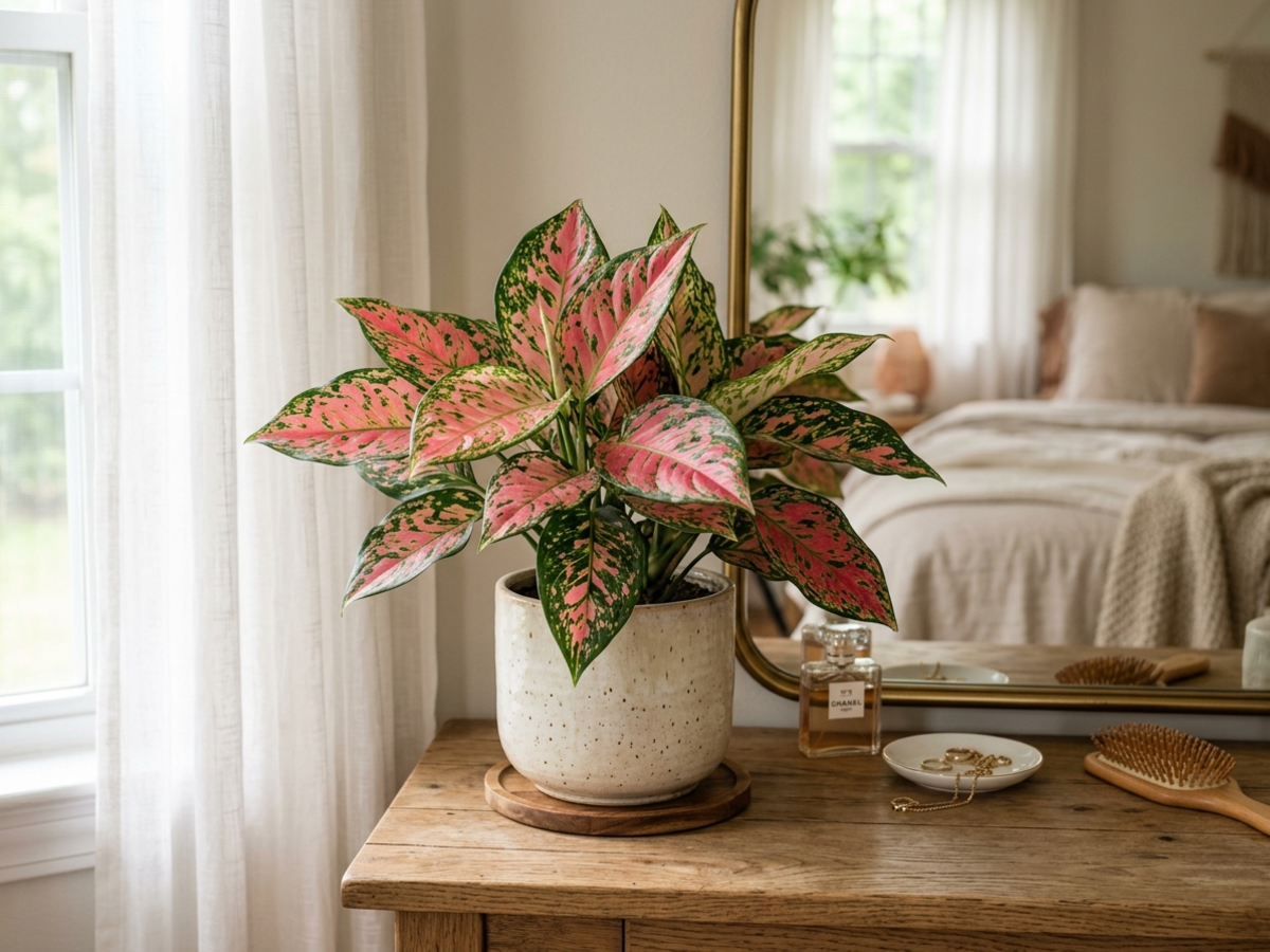Aglaonema Chinese Evergreen pink foliage plant on bedroom vanity in Bengaluru by Happy Greenery