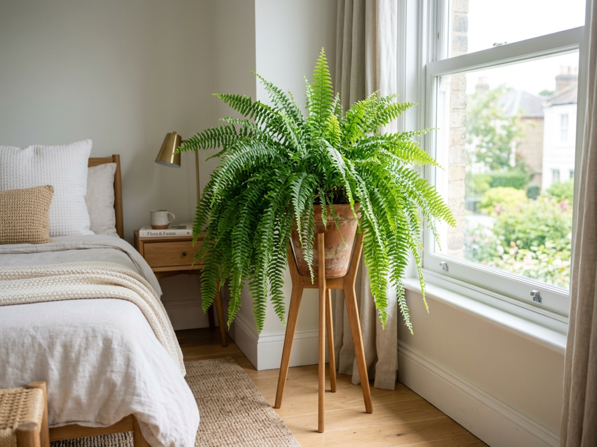 Boston fern Nephrolepis lush humidity plant in bedroom by Happy Greenery