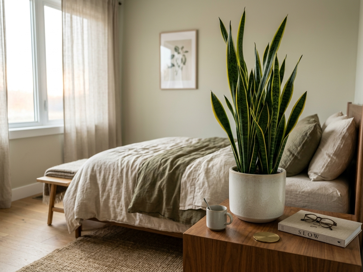 Snake plant Sansevieria potted in modern Bengaluru apartment living room by Happy Greenery