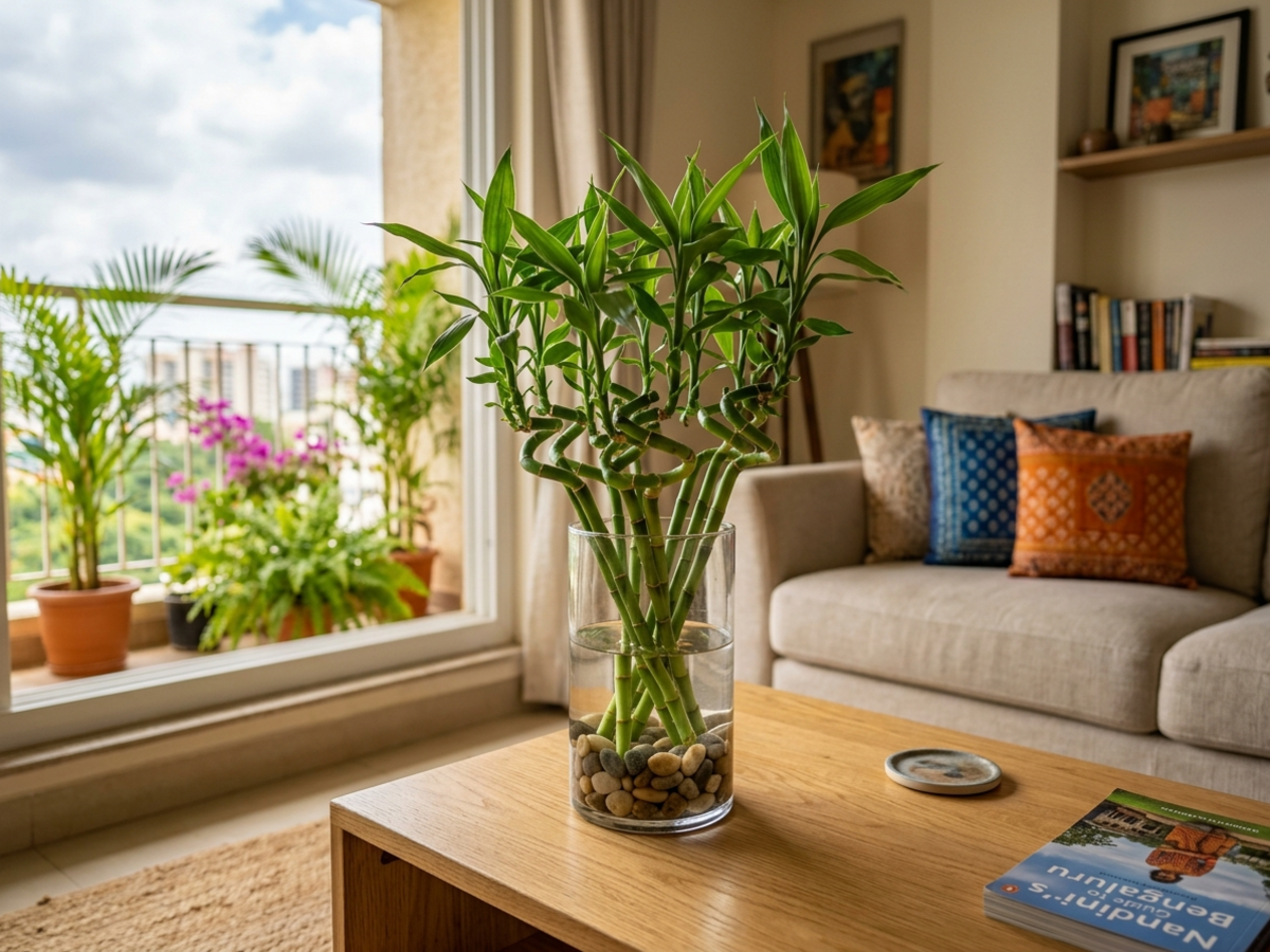 Lucky Bamboo Dracaena sanderiana in glass vase with river stones in Bengaluru home by Happy Greenery