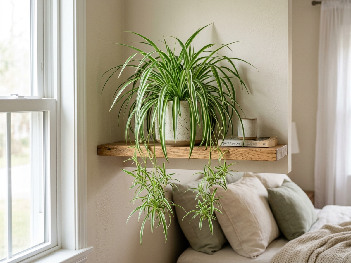 Spider Plant Chlorophytum with baby plantlets hanging in modern Bangalore apartment by Happy Greenery