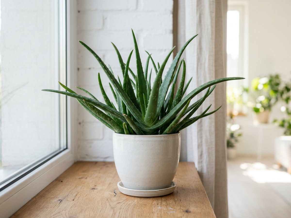 Aloe Vera succulent potted in terracotta on sunny Bengaluru apartment windowsill by Happy Greenery