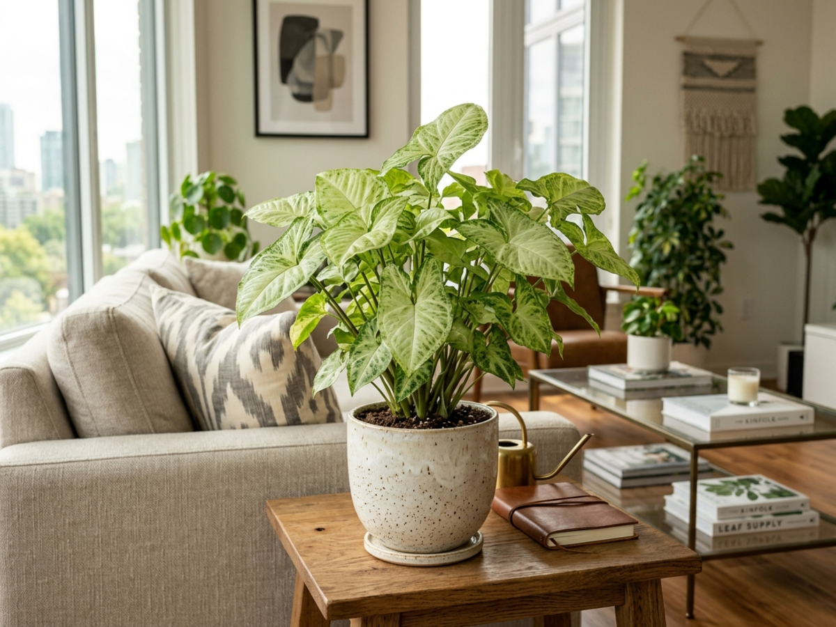 Syngonium Arrowhead plant with variegated leaves on living room table in Bengaluru by Happy Greenery