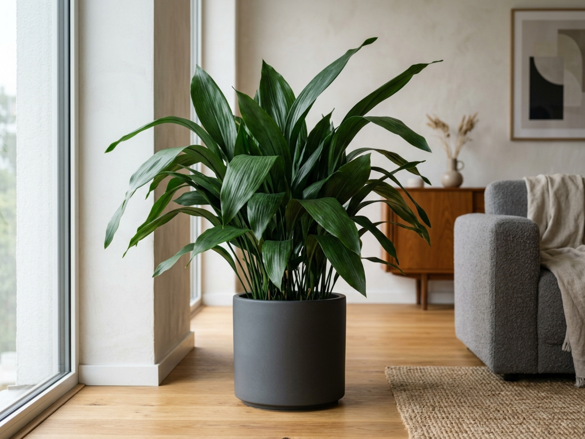 Cast Iron Plant Aspidistra elatior in modern matte ceramic floor pot in Bangalore by Happy Greenery