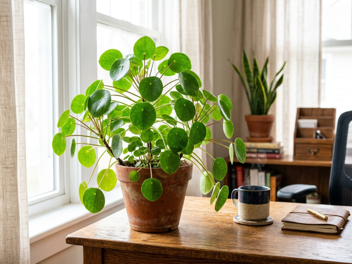 Chinese Money Plant Pilea peperomioides on wooden desk in sunny Bengaluru room by Happy Greenery