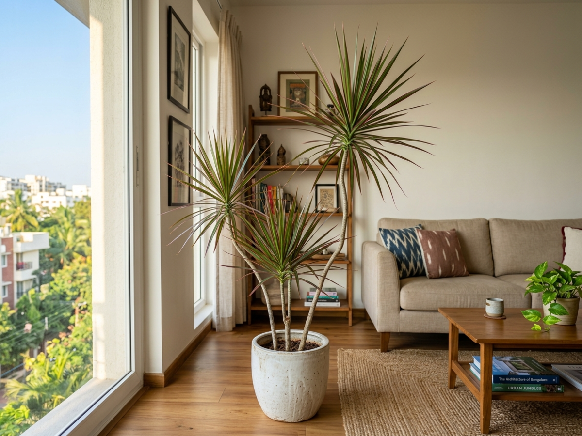 Dracaena marginata Dragon Tree in contemporary Bengaluru living room corner by Happy Greenery