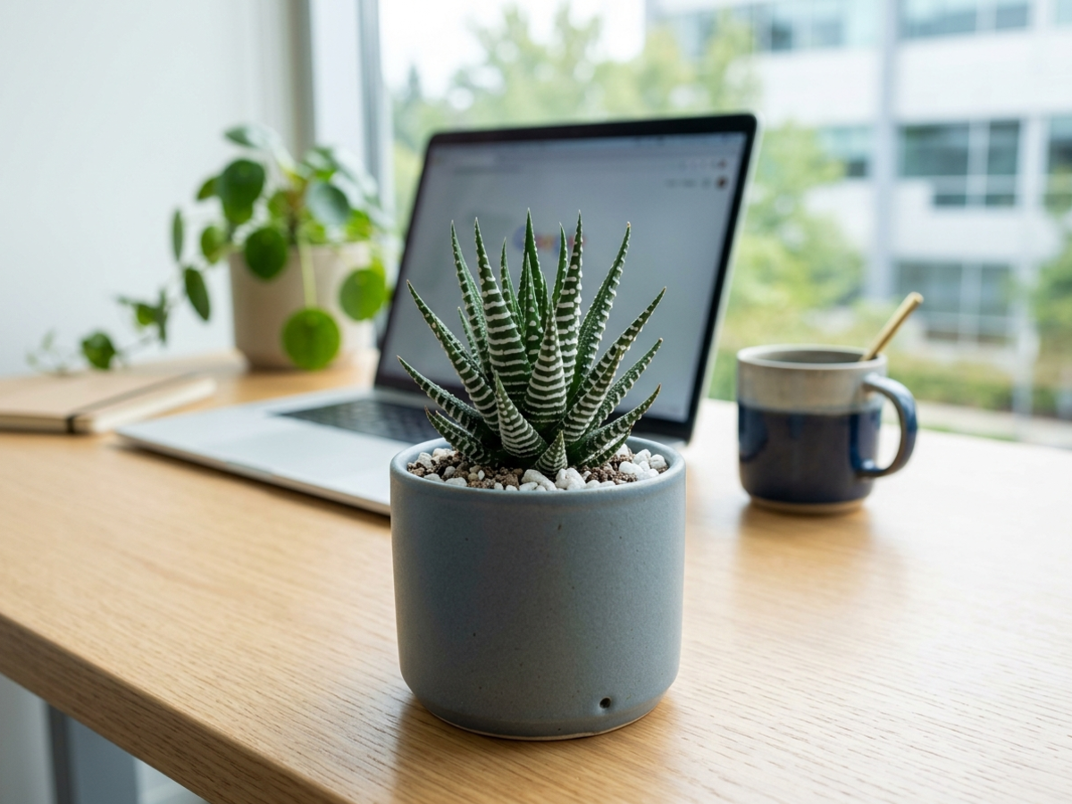 Zebra Haworthia succulent with white striped ridges on apartment study desk in Bangalore by Happy Greenery