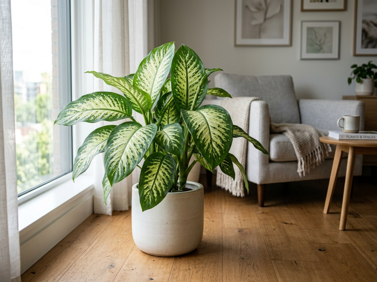 Dieffenbachia Dumb Cane with large cream and green leaves in modern Bengaluru living room by Happy Greenery