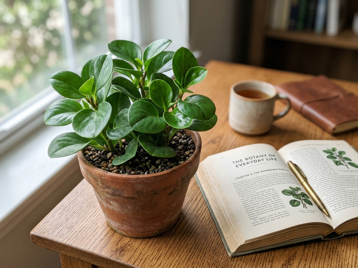 Peperomia obtusifolia Baby Rubber Plant in terracotta pot on wooden table in Bengaluru by Happy Greenery