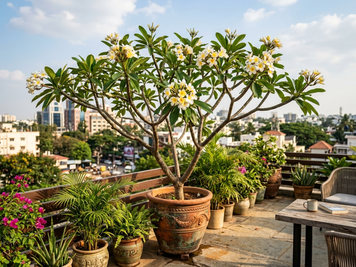 Plumeria Frangipani tree with fragrant creamy white flowers on sunny Bengaluru terrace garden by Happy Greenery