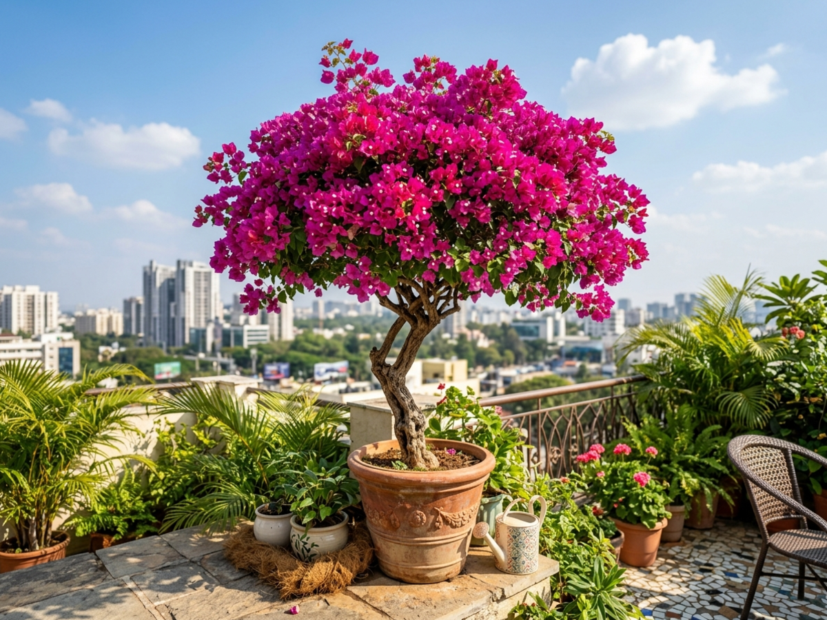 Standard tree-form Bougainvillea with vibrant magenta flowers in terracotta pot on Bangalore terrace by Happy Greenery