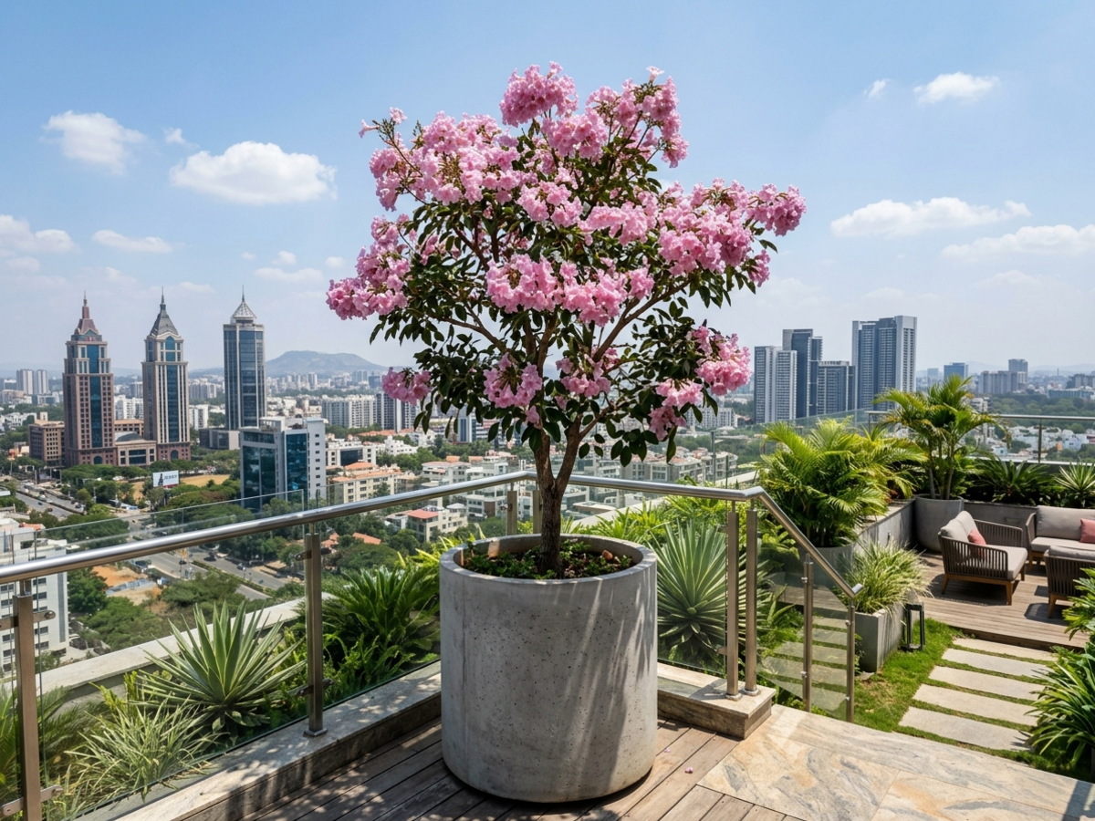 Dwarf Tabebuia rosea Pink Trumpet Tree blooming with pastel pink flowers on modern Bengaluru penthouse terrace by Happy Greenery