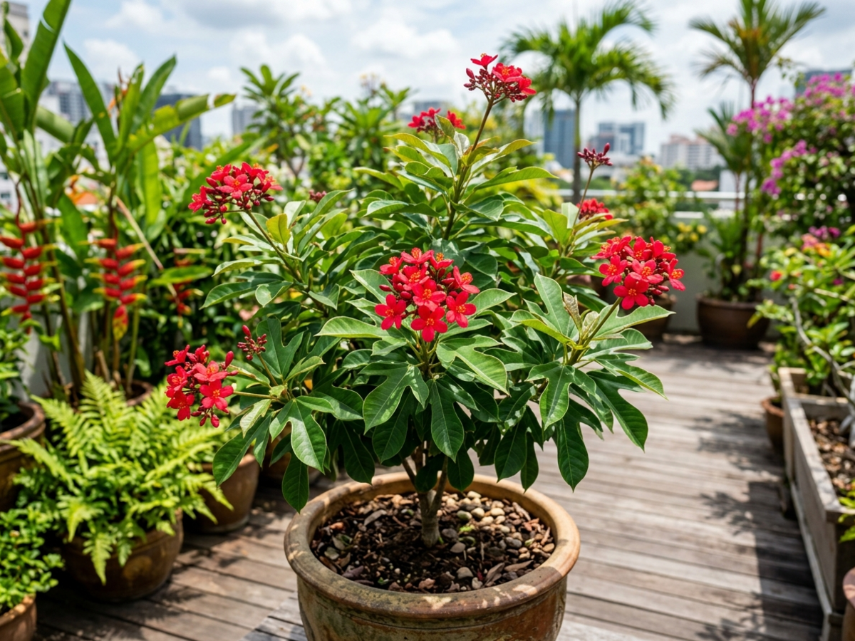 Jatropha integerrima spicy jatropha tree with scarlet red flowers on urban terrace garden in Bangalore by Happy Greenery