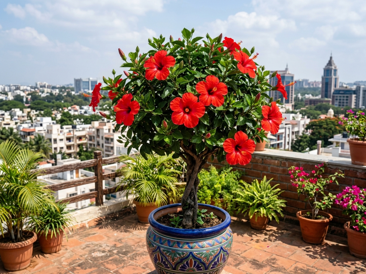 Standard tree-form Hibiscus with giant red tropical flowers in glazed ceramic pot on Bengaluru terrace by Happy Greenery