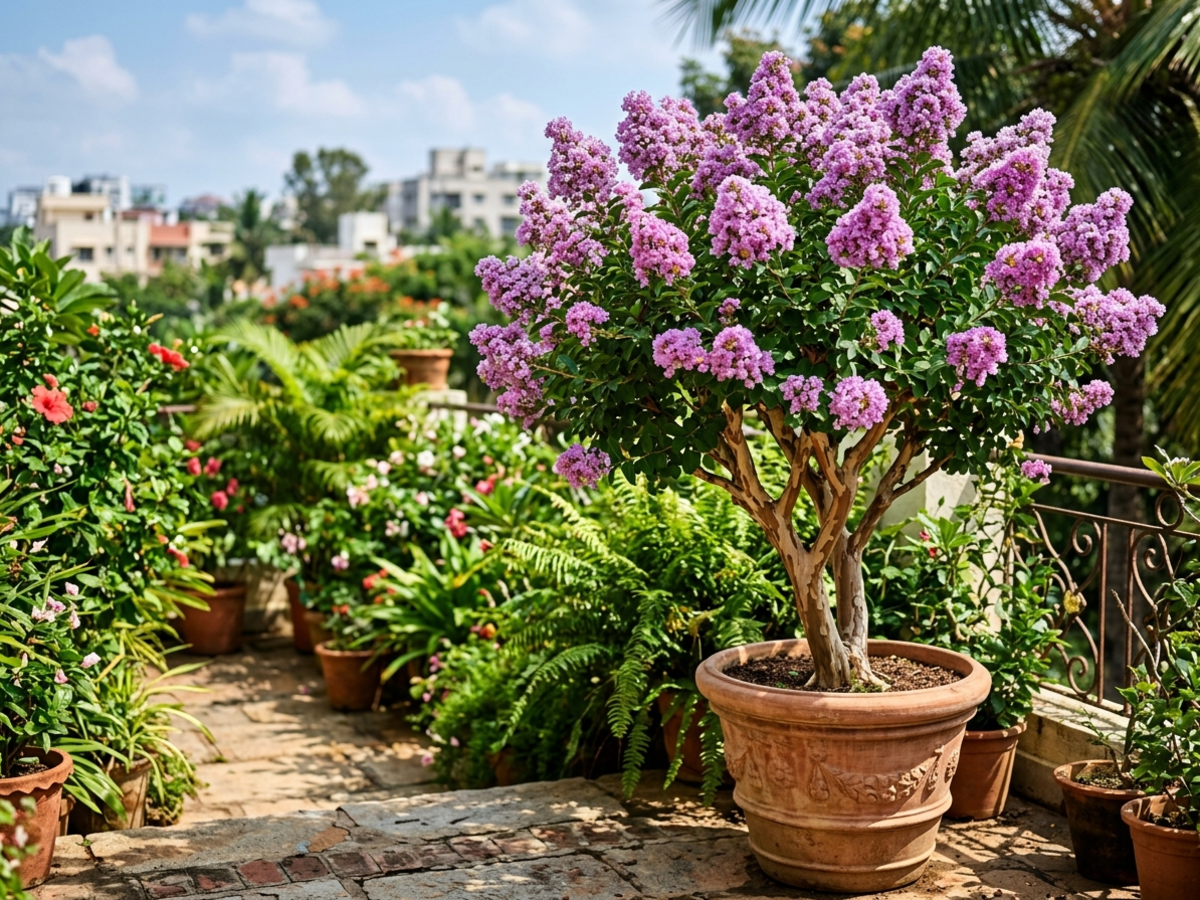 Compact Crape Myrtle Lagerstroemia indica tree blooming with ruffled lavender pink flowers on Bangalore terrace by Happy Greenery