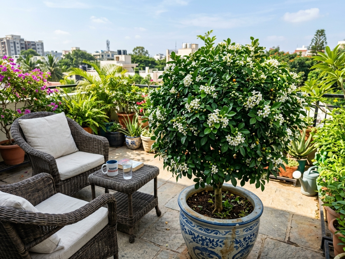Orange Jasmine Murraya paniculata Kamini compact tree with fragrant white blooms on Bengaluru terrace by Happy Greenery