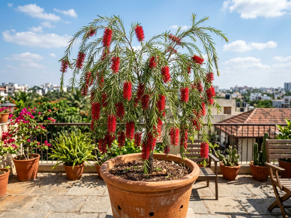 Weeping Bottlebrush Callistemon tree with vibrant red flower spikes in clay planter on Bangalore terrace by Happy Greenery