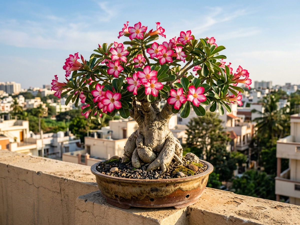Mature Adenium Desert Rose bonsai tree with swollen caudex trunk and pink flowers on Bengaluru terrace by Happy Greenery