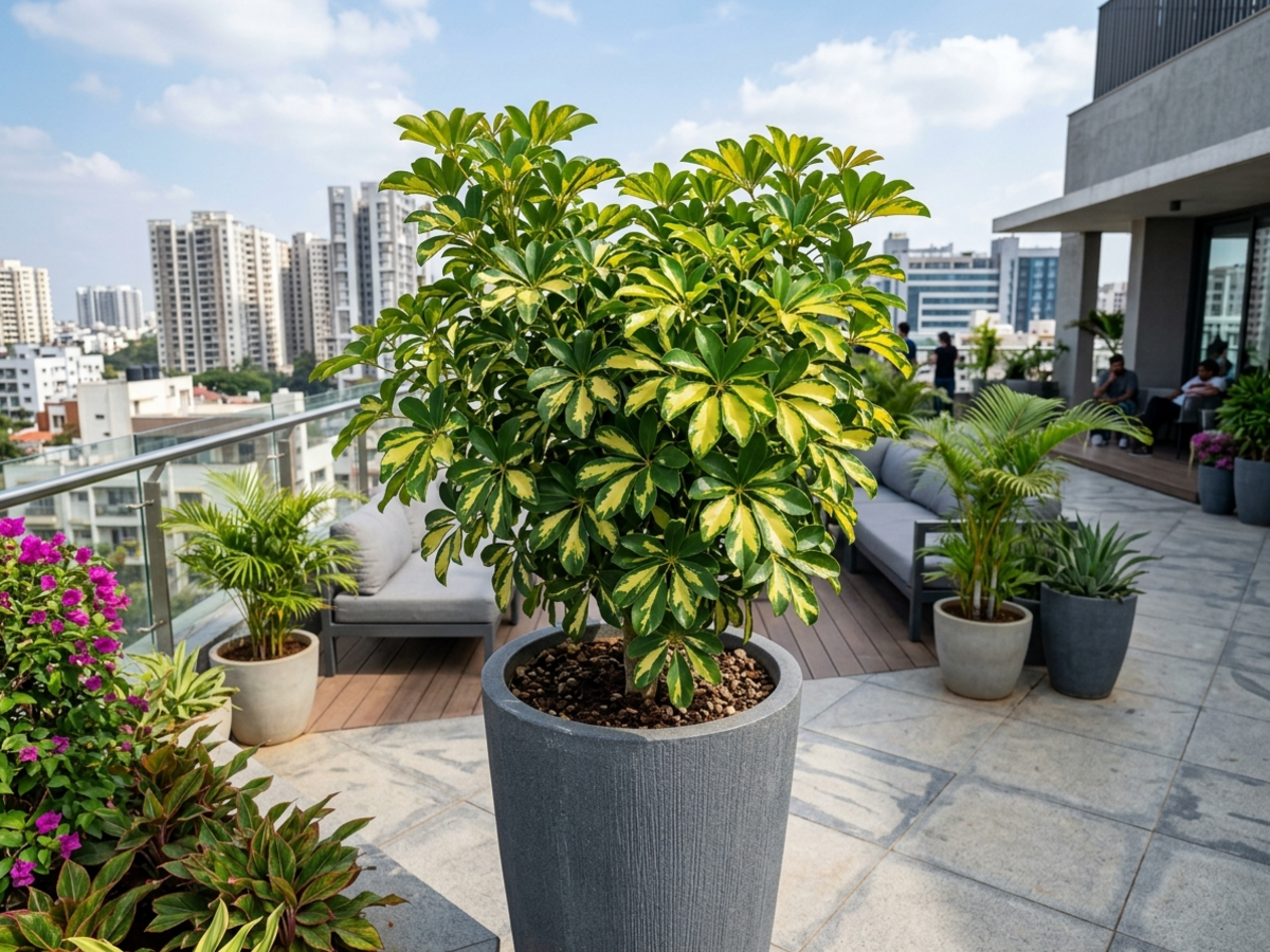 Dwarf Schefflera Umbrella Tree with variegated golden-green leaves in tall planter on modern Bengaluru terrace by Happy Greenery