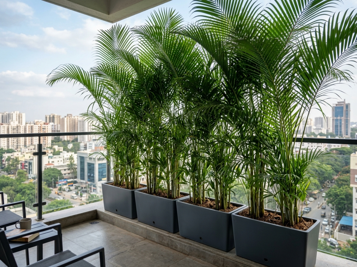 Areca Palm privacy screen in modern trough planters along high-rise apartment balcony railing in Bengaluru by Happy Greenery