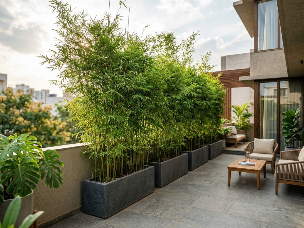 Non-invasive Clumping Bamboo forming a tall living privacy wall along a villa patio boundary in Bengaluru by Happy Greenery