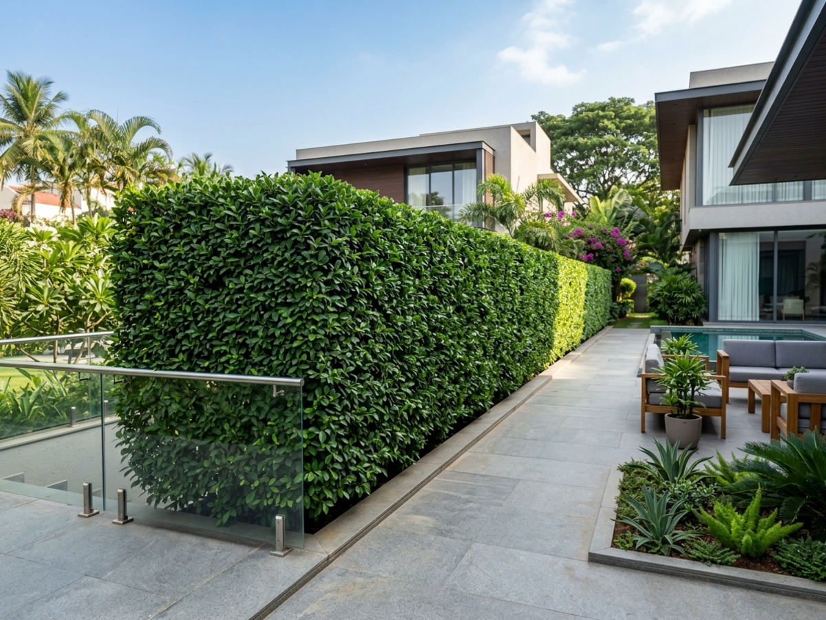 Neatly sheared dense evergreen Ficus hedge forming a formal architectural privacy wall in Bangalore by Happy Greenery
