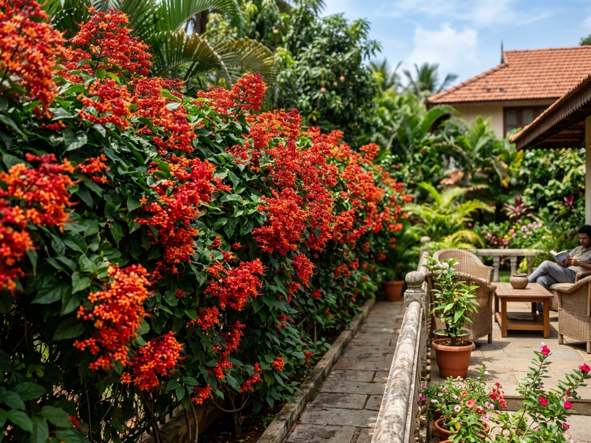 Clerodendrum splendens flowering hedge with vibrant scarlet flower clusters creating a privacy border in Bengaluru by Happy Greenery