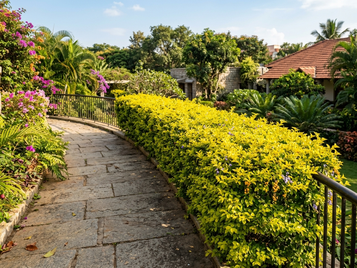Golden Duranta erecta hedge with dense chartreuse foliage clipped along garden border in Bangalore by Happy Greenery