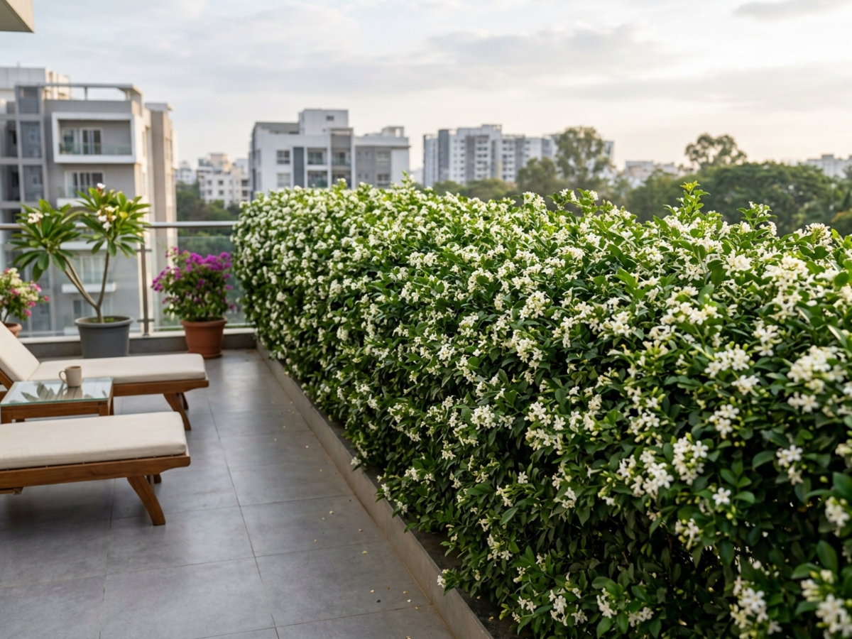 Dense formal clipped evergreen Kamini Orange Jasmine hedge covered in fragrant white flowers in Bengaluru by Happy Greenery