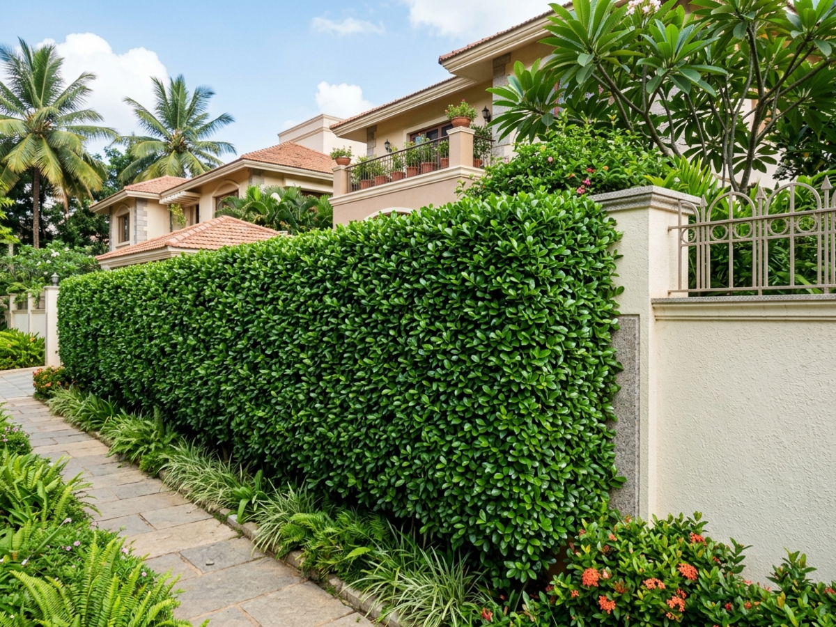 Dense neatly sheared evergreen Clerodendrum inerme boundary hedge along villa wall in Bengaluru by Happy Greenery