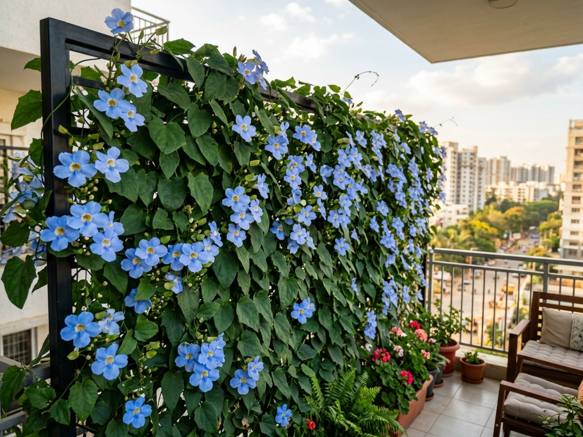 Thunbergia grandiflora Bengal Clock Vine with blue trumpet flowers densely covering modern black balcony privacy trellis in Bengaluru by Happy Greenery