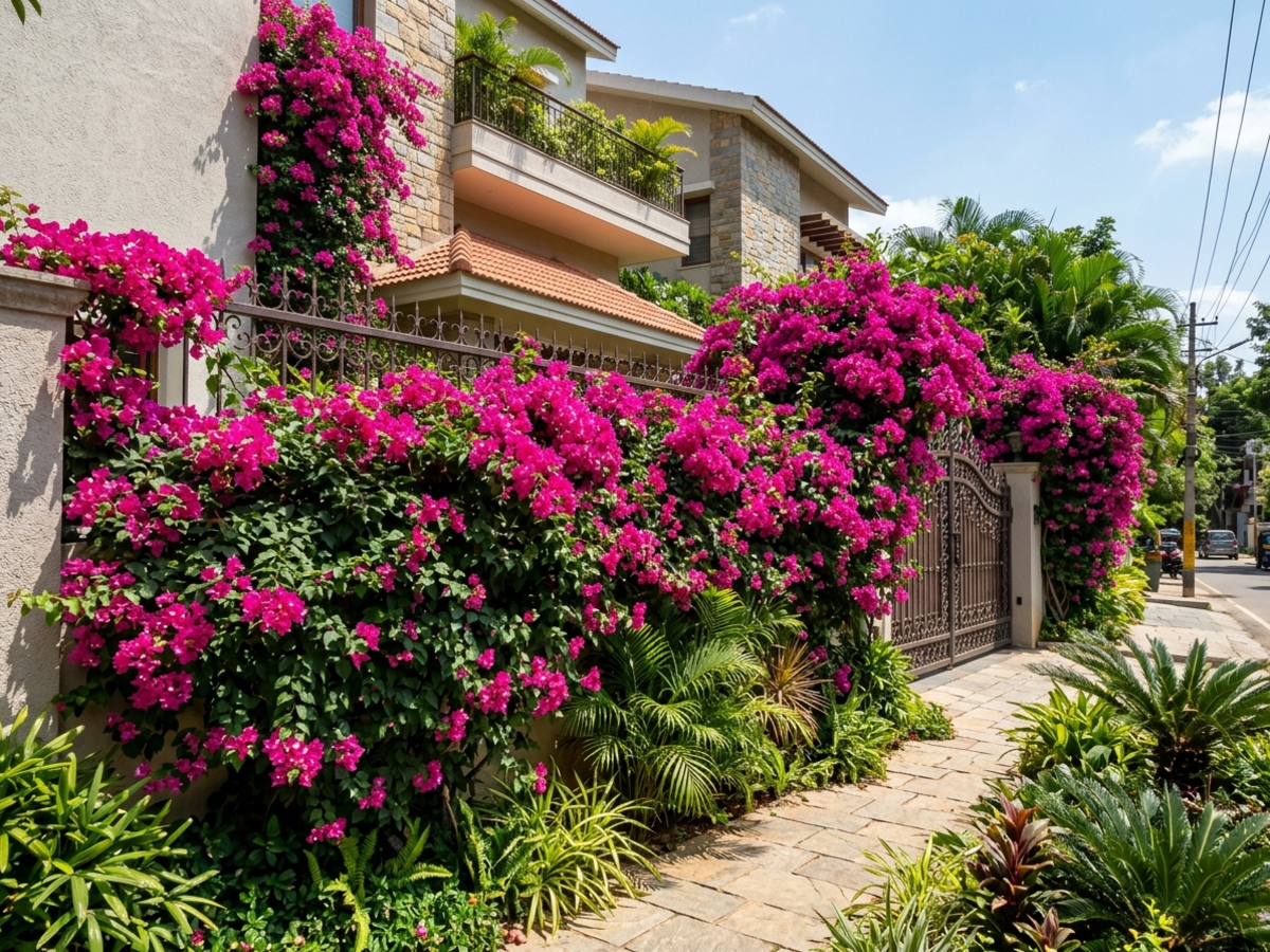 Dense living privacy fence of Bougainvillea bursting with glowing magenta pink flowers along modern Bengaluru villa wall by Happy Greenery