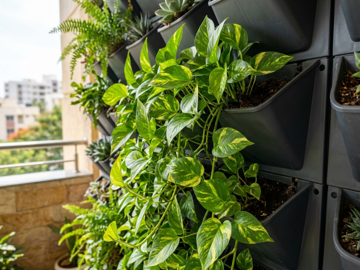 Money Plant (Epipremnum aureum) cascading lushly inside vertical garden modular pockets in Bengaluru - Happy Greenery