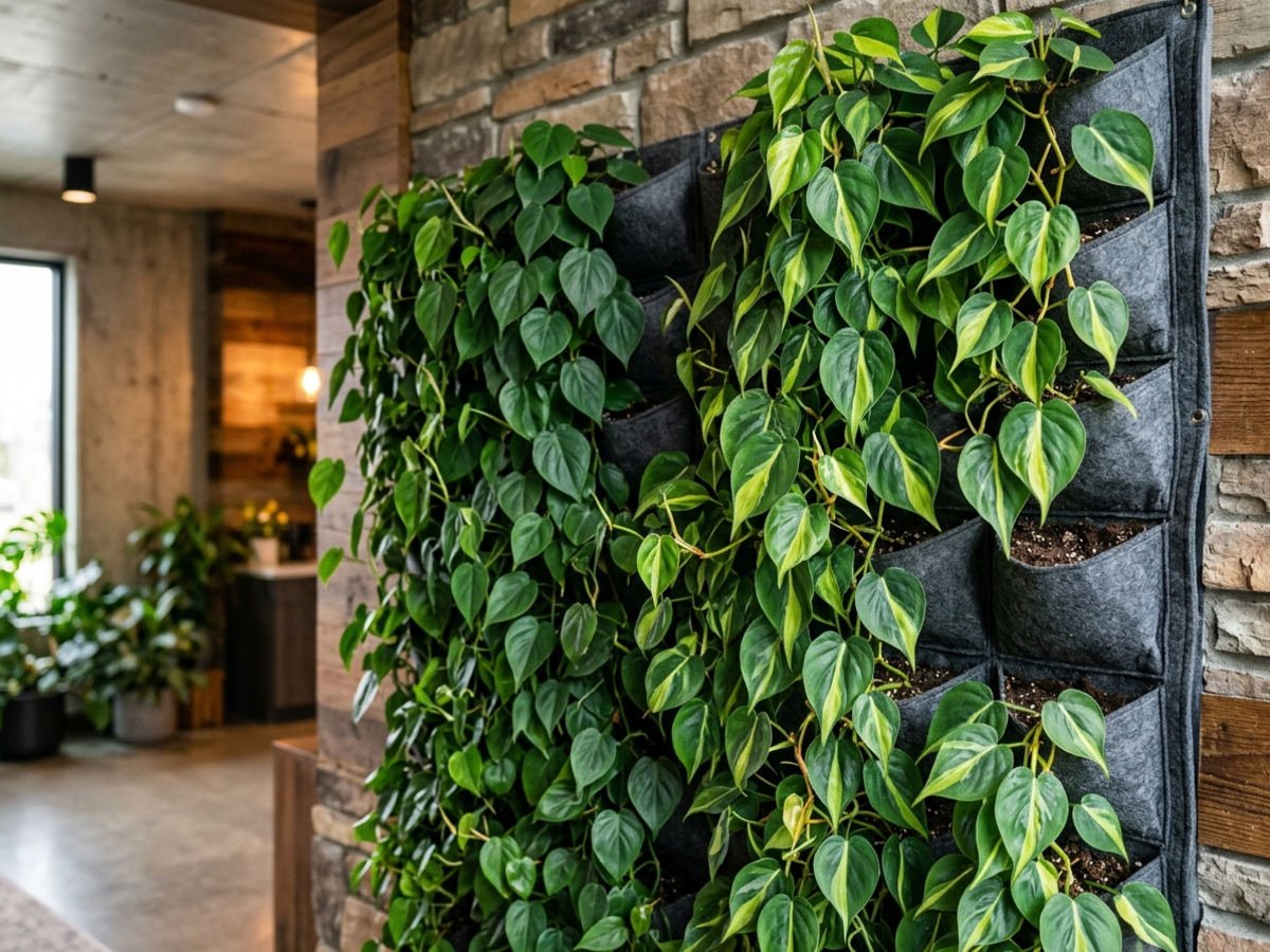 Heartleaf Philodendron and Philodendron Brasil trailing on an indoor living green wall - Happy Greenery