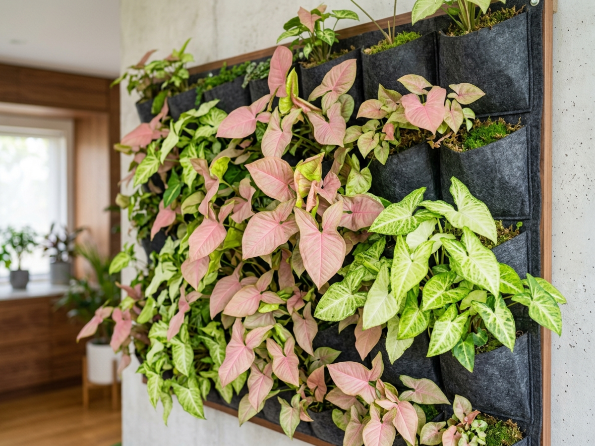 Syngonium Arrowhead Plant displaying pink and cream foliage in vertical garden wall pockets - Happy Greenery