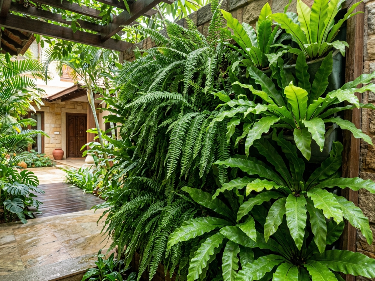 Boston Fern and Bird's Nest Fern forming lush textural green layers on an outdoor shaded vertical wall - Happy Greenery