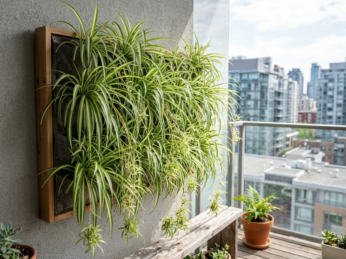 Variegated Spider Plant cascading with spiderettes on a bright urban balcony vertical wall - Happy Greenery