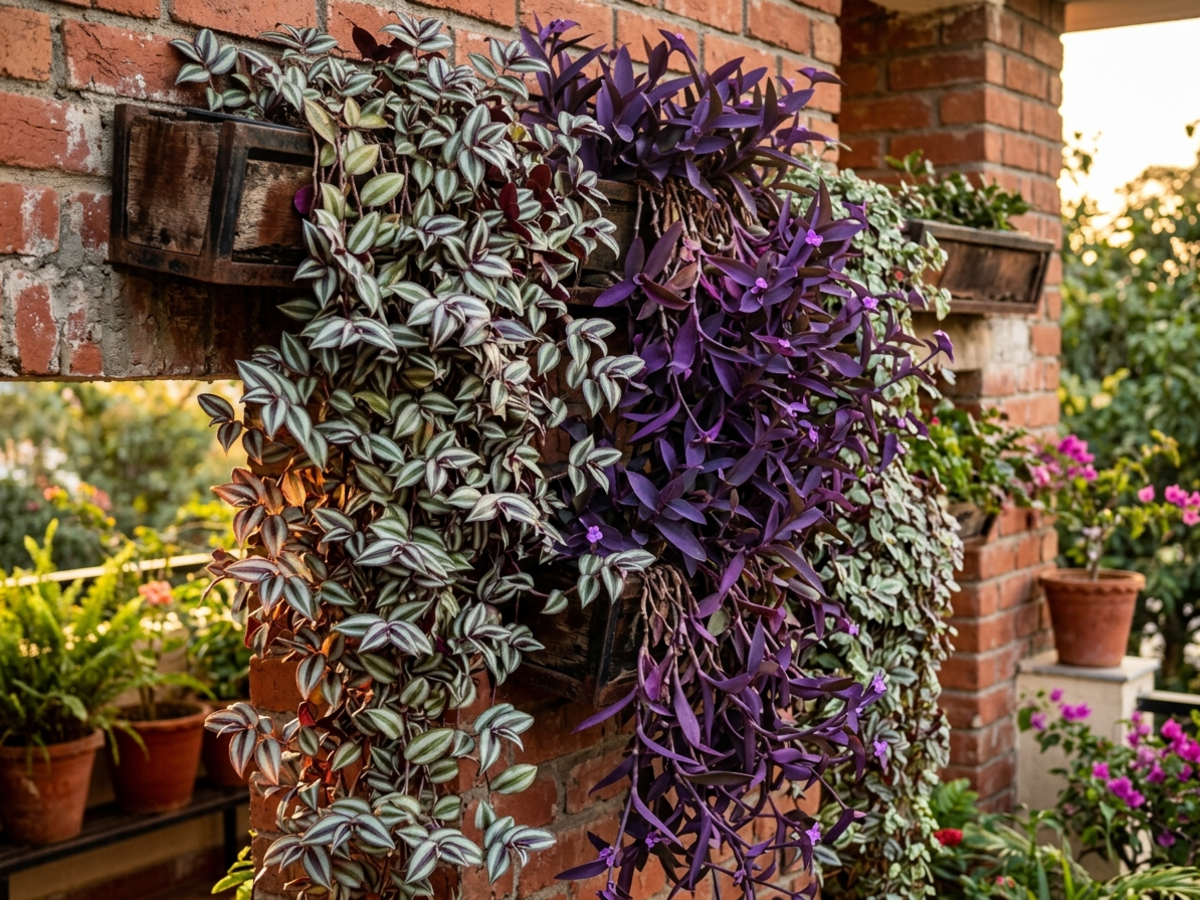 Tradescantia zebrina and Purple Heart cascading down a vertical garden wall in Bengaluru - Happy Greenery