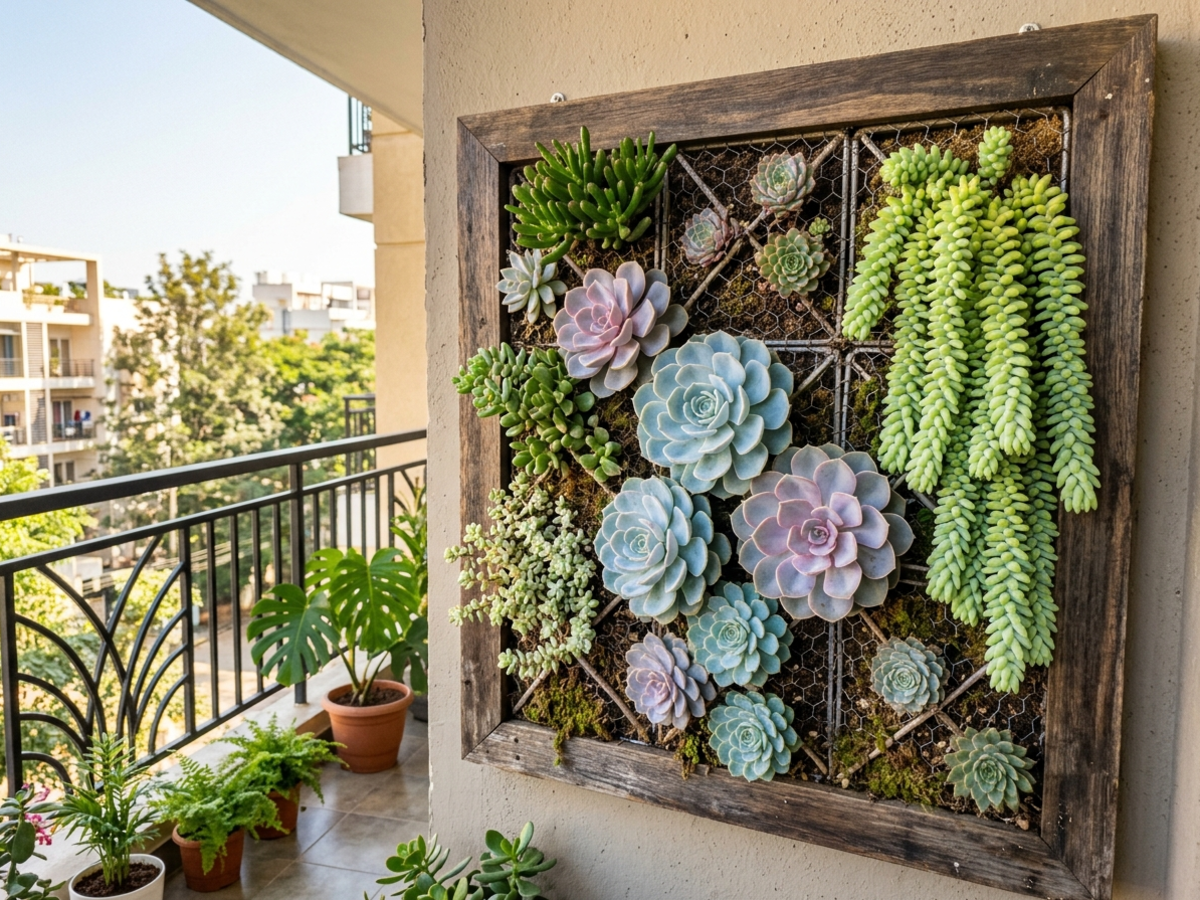 Contemporary living vertical succulent wall art frame with Echeveria and Sedum rosettes - Happy Greenery