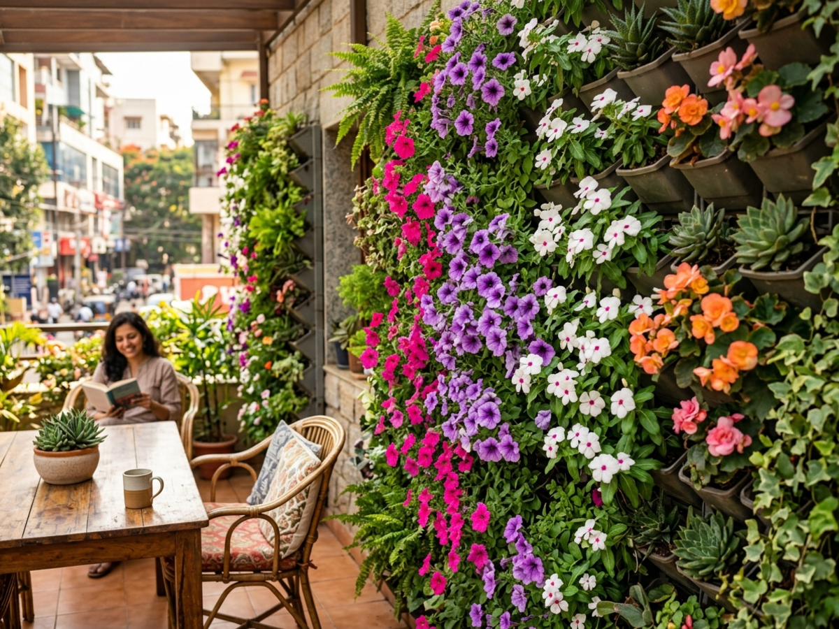 Vibrant flowering vertical garden wall with cascading petunias and vinca blossoms - Happy Greenery