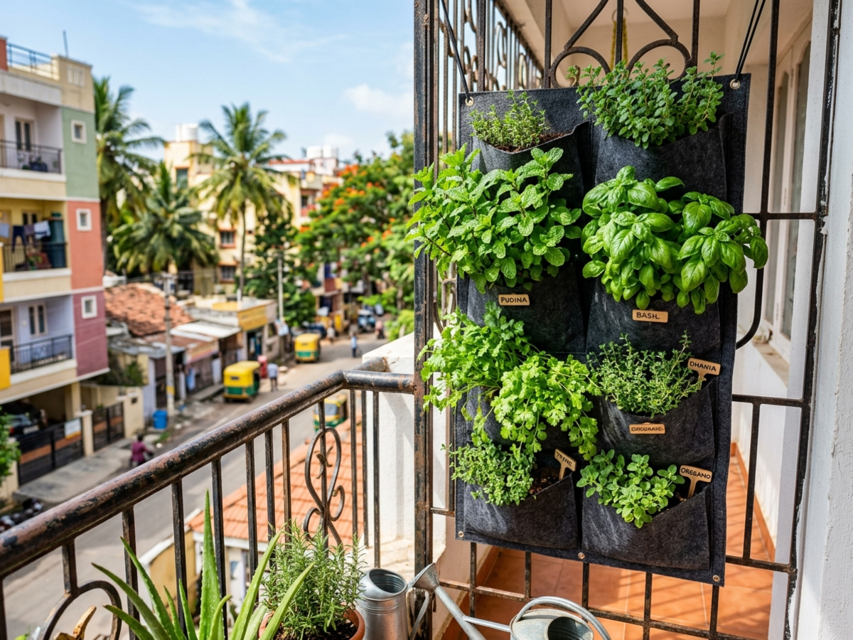 Vertical kitchen herb garden mounted on an apartment balcony with fresh mint, basil, and thyme - Happy Greenery