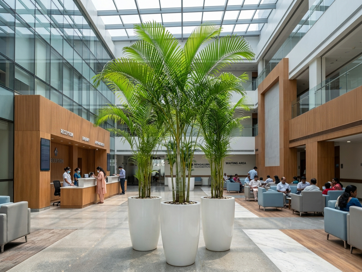 Areca Palms (Dypsis lutescens) in tall white planters in a sunlit hospital reception atrium in Bengaluru - Happy Greenery