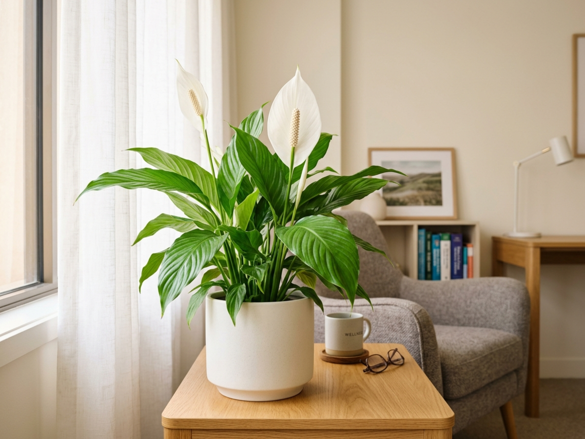 Peace Lily (Spathiphyllum) with white spathes on a table in a hospital consultation lounge - Happy Greenery
