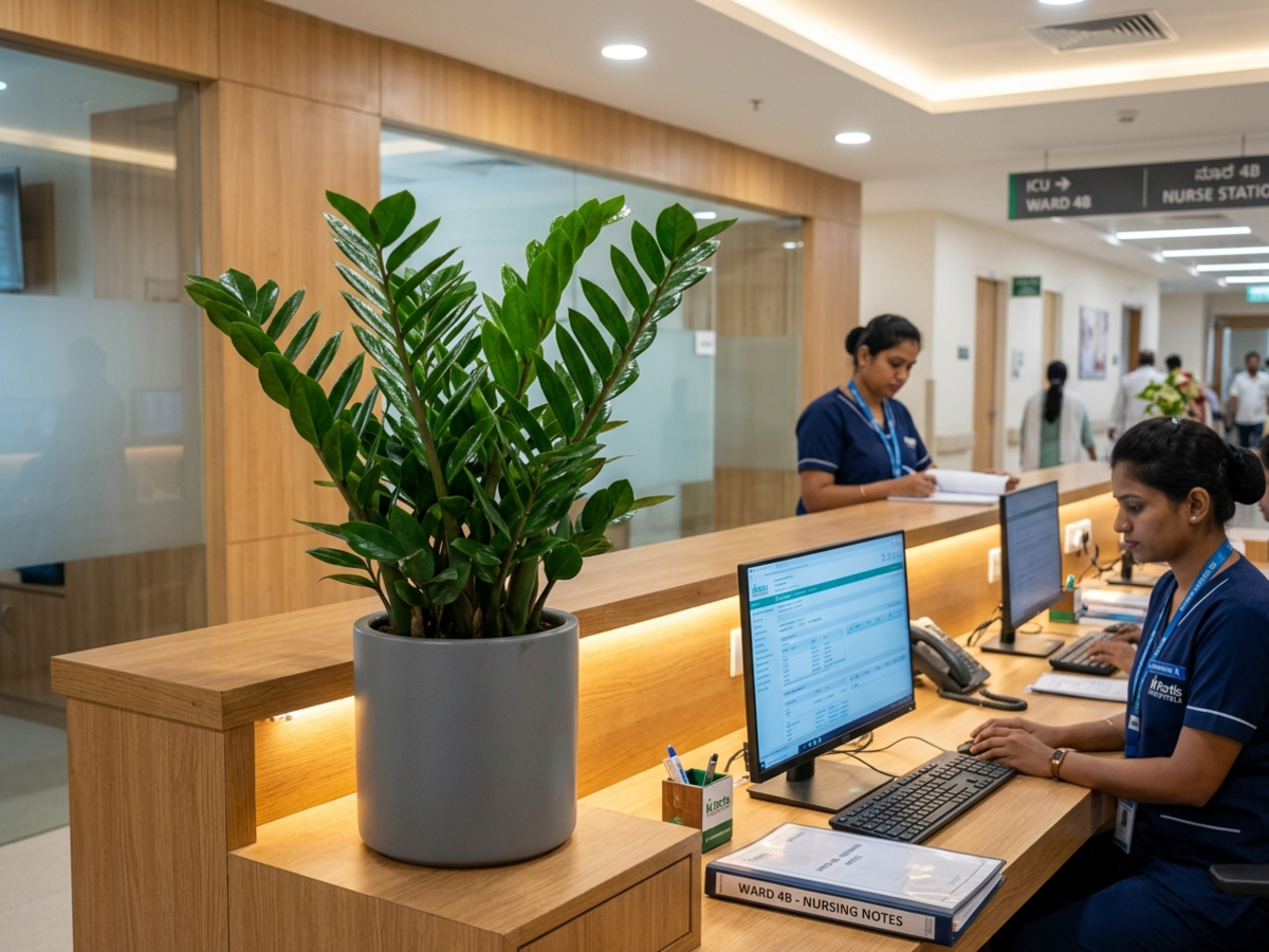ZZ Plant in sleek grey planter on a hospital nurse station counter in Bengaluru - Happy Greenery